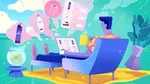 Illustration of a man sitting with a laptop scrolling through products